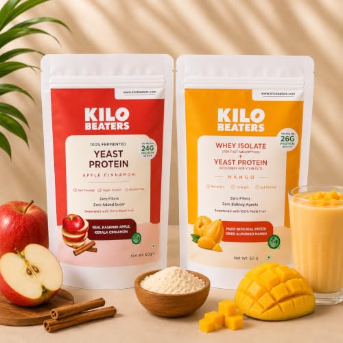 Image of Kilobeaters Whey Protein Isolate Powder with Yeast Protein 50g (Pack of 4) & Fermented Yeast Protein Powder 50g (Pack of 4) Combo | Real Alphonso Mango & Apple Cinnamon
