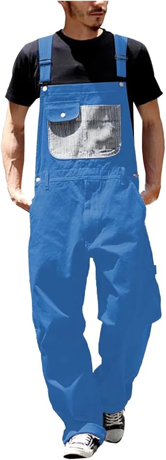 Mens Denim Bib Overalls Baggy Insulated Vintage Contrast Distressed Jumpsuits Workwear Coveralls with Big Tool Pockets