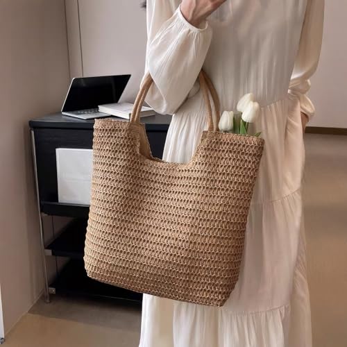 Image of Straw Beach Bags for Women, Shoulder Handbags, Summer Bag for Travel Vacation, Women Beaches Handmade Woven Tote Bag for Beach Picnic Vacation