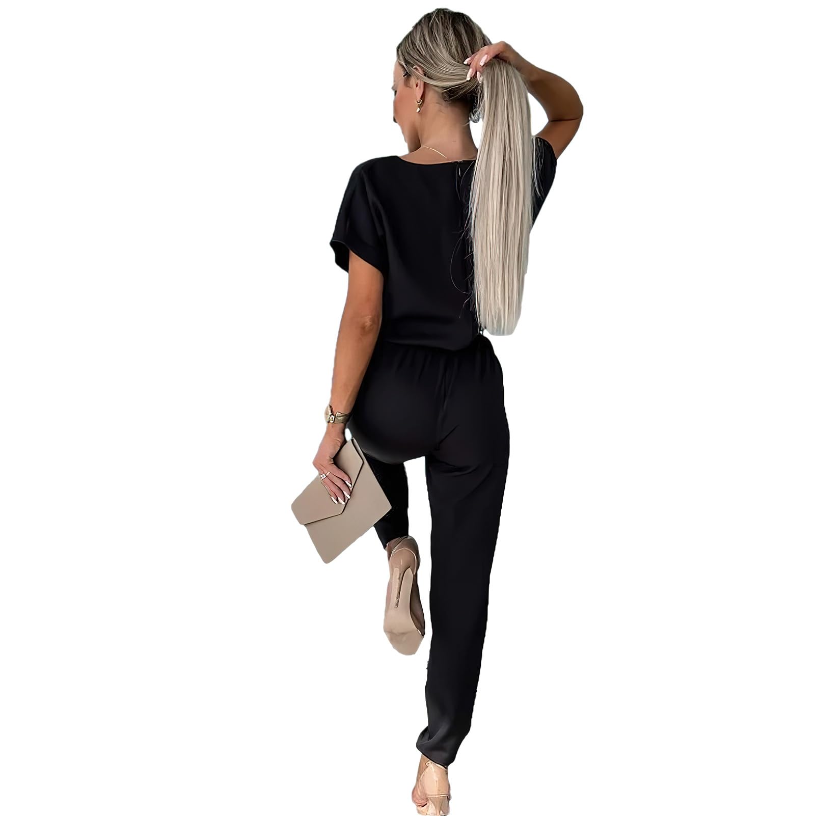 amropi Femmes Combinaison Manches Courtes Col V Jumpsuit Élégant Pantalon Casual Combishort avec Ceinture
