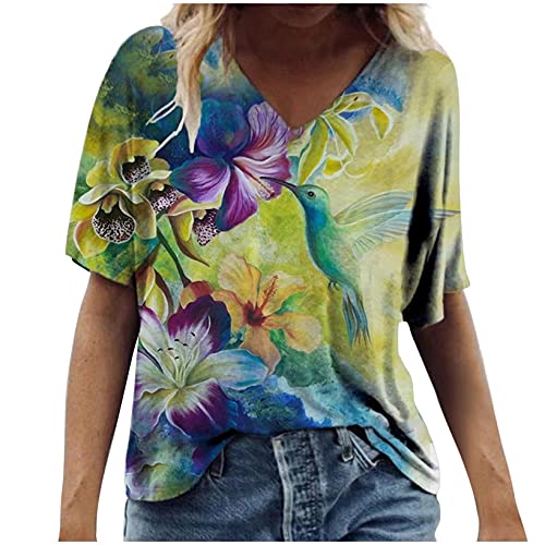 OutTop01 Summer Tops for Women Casual 3D Printing T Shirts Short Sleeve Plus Size Tunic Tops V Neck Tees Fashion Tops Blouses (#01-Green, XXXL)