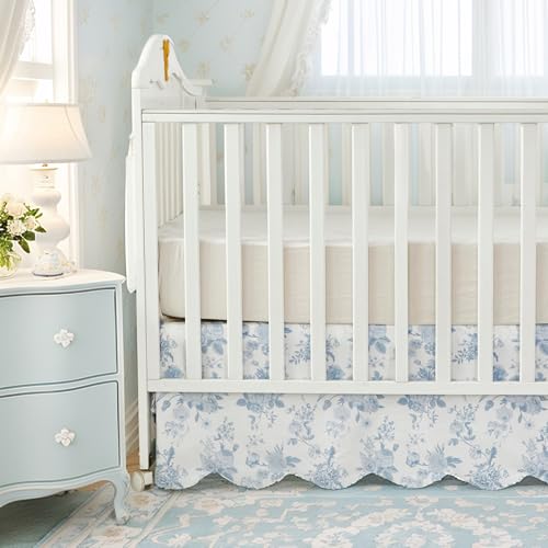 Image of Brandream Scallop Edge Cotton Crib Skirt, Baby Girl, French Country Blue Toile Crib Skirt Toddler Bedskirt Farmhouse Chic Nursery Crib Bed Skirt, Boho Bohemian Vintage Grandmillennial Floral Print