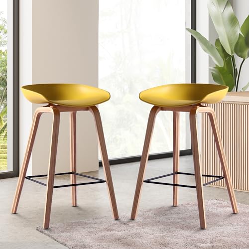 Image of Creative Modern Designer Bar Stool with Curved Seat, Wooden Finish Metal Legs & Metal Footrest - Premium Counter Height Chair for Kitchen, Dining & Bar (Yellow)