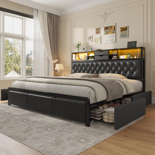 BTHFST King Size Bed Frame with 4 Storage Drawers and Headboard, Velvet Upholstered King Platform Bed with LED Lights & Charging Station, No Noise, No Box Spring Needed, Easy Assembly, Black