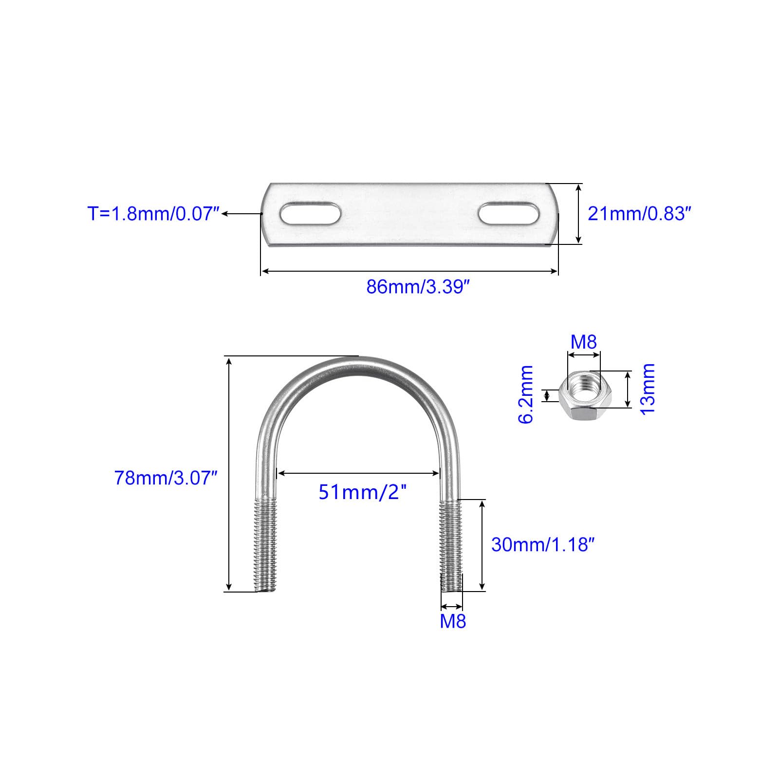 Unifizz Round U-Bolt,3 Set 304 Stainless Steel M8 U Bolts 51mm(2") Inner Width 78mm Length with Nuts and Frame Plate for Automobiles Boat Trailer - Image 2