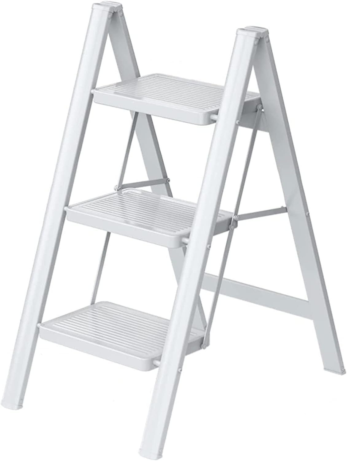 Step Ladder White, Folding Step Stool,Steel Metal Step Stools Non-Slip Pedal,Small Portable Ladder Kitchen Lightweight Home Office Ladders (3 Step)