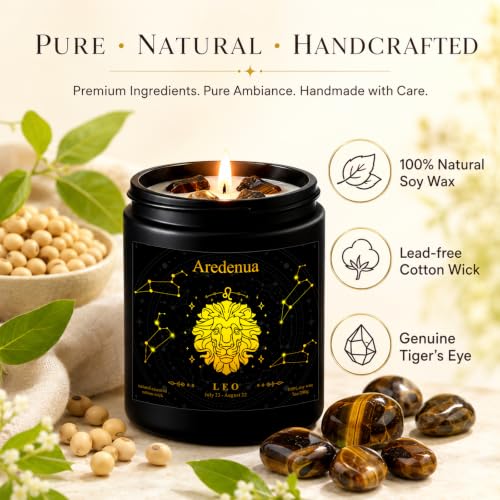 Image of Leo Zodiac Candles, Sunny Citrus Candle with Tiger's Eye Crystals | Astrology Leo Birthday Gifts for Women Men, Black Gift Box, 7 oz Soy Candle, 50 Hour Burn Time, Black Jar