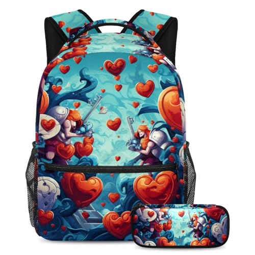 Sac à dos grand volume imprimé cœur rouge avec trousse scolaire robuste