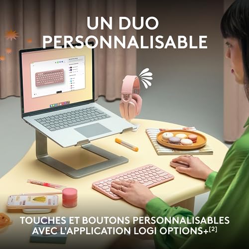 Logitech Pebble Keys 2 K380s Clavier sans Fil Bluetooth FR AZERTY Pebble Mouse 2 M350s Wireless Bluetooth - Rose