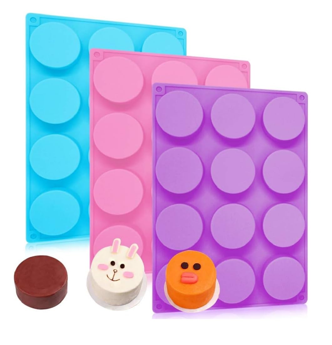 FirstTry Soap Molds I 3D Fondant Flat Round Shape Silicone Mould I Cylinder Handmade Sharp Soap Making Forms I for Bath Bombs Shower Steamer Lotion Bars Cake Baking Candle Tray – 1 Mold (12 Cavity)