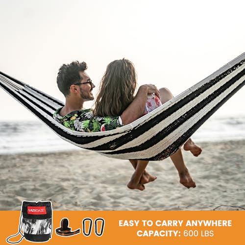 Image of Lazy Daze Hammocks Handwoven XL Mayan Hammock, 10.5 FT Soft Rope Double Hammocks, Portable Outdoor Hammock with Carry Bag, 2 Straps & Carabiners for Patio Outside, 550 lbs Weight Capacity, Black /White