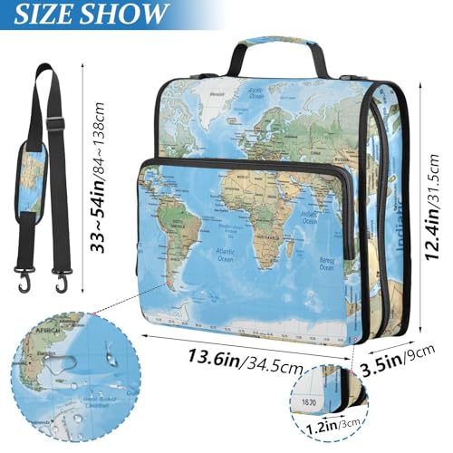 Image of 3 Ring Zipper Binder with Shoulder Strap World Map Blaue 1.5 inch Binders Keeper Large Capacity Multi Pockets for School Office Supplies