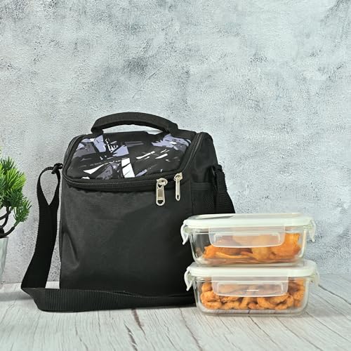 Image of Femora Borosilicate Glass Container Lunch Box with Bag for Office, School, Black, Rectangular, 400 ML (2 Container+ 1 Bag)