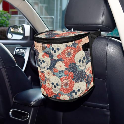 Image of MNSRUU Car Trash Can with Lid, Flowers and Skulls Car Trash Bag Hanging Organizers and Storage for Front Back Seat, Leak-Proof Trash Bin