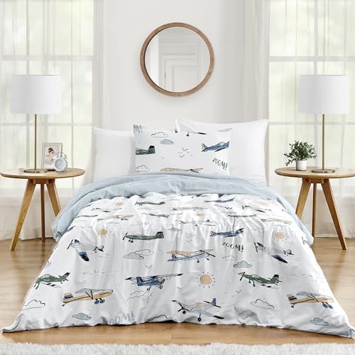 Sweet Jojo Designs 2-Piece Twin Comforter Set (Green Vintage Airplane) for Boys, Children, Kids Bedding, Bed in a Bag incl. Blanket & Pillow Sham (Airplanes, Transportation, Clouds, Sun, Sky, Blue)