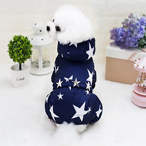 SELMAI Schneeanzug für kleine Hunde, mit Fleece gefüttert, Sternengürtel, Kapuze, Overall, vierbeinige Hose, Wintermäntel, Welpen, Hunde, Chihuahua, Bekleidung, Outfits, Blau, Größe XXL