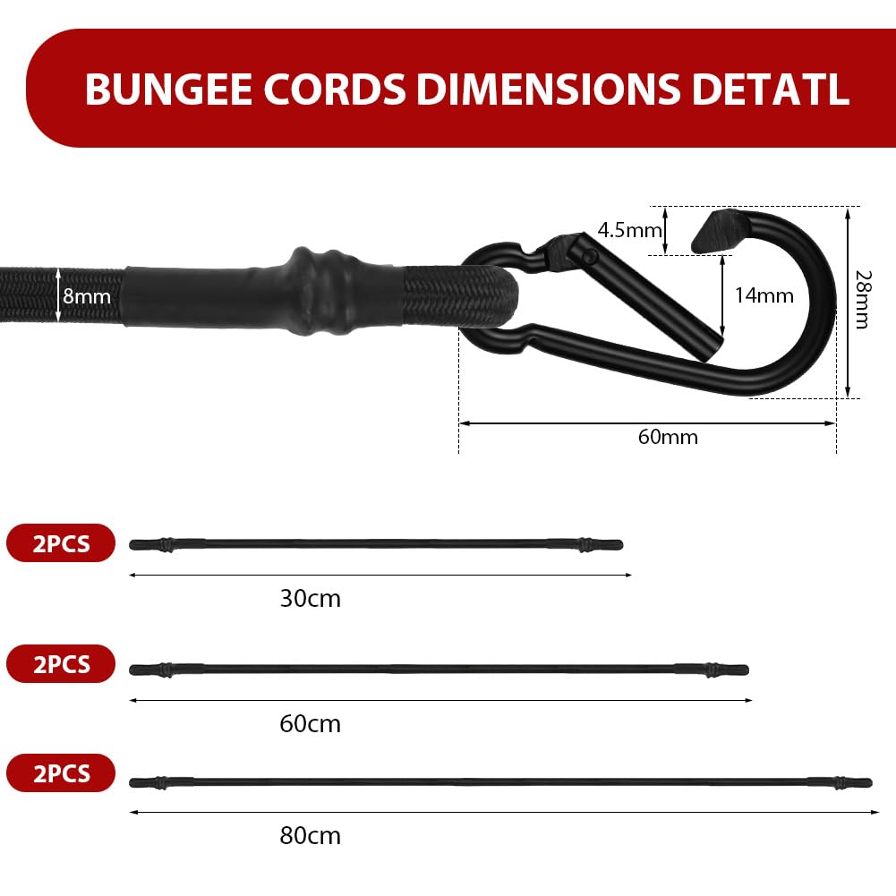 Adiwo Bungee Cords with Carabiner Clips, 6 Pack Black Extra Strong Long Bungee Straps, Assorted Size 30cm 60cm 80cm - Image 2
