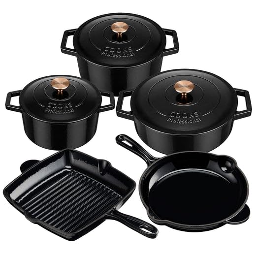 Cooks Professional 5 Piece Cast Iron Casserole Dishes, Frying Pan & Skillet Set | Heavy-Duty Cookware Pans with Enamel Interior | Oven Safe to 260°C, Induction & All Hob Compatible | Black