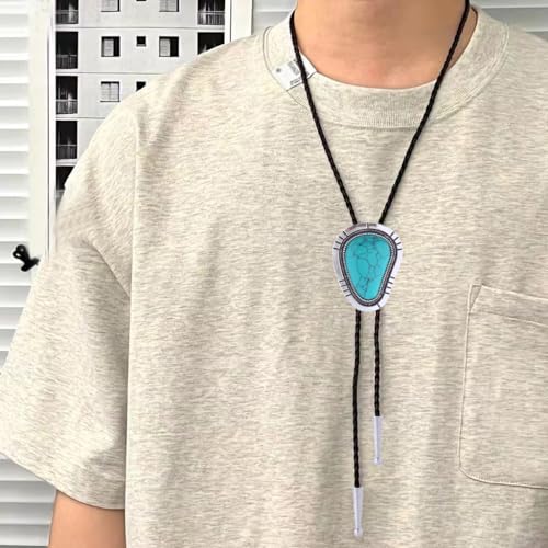 Image of GelConnie Bolo Tie for Men Women Western Cowboy Turquoise Leather Necktie | Natural Stone Bolo Tie Necklace for Women Rodeo Cowboy Leather Necktie Native American Western Cowgirl Ties Adjustable Cord