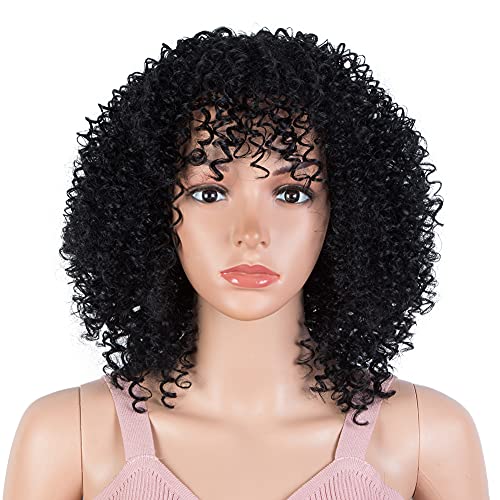 Joedir Afro Curly Perücken Kurze kleine lockige Bobperücke mit Pony für Frauen Voll maschinell hergestellte 150% Haardichte Hitzebeständige Perücken (Jet Black) Cover