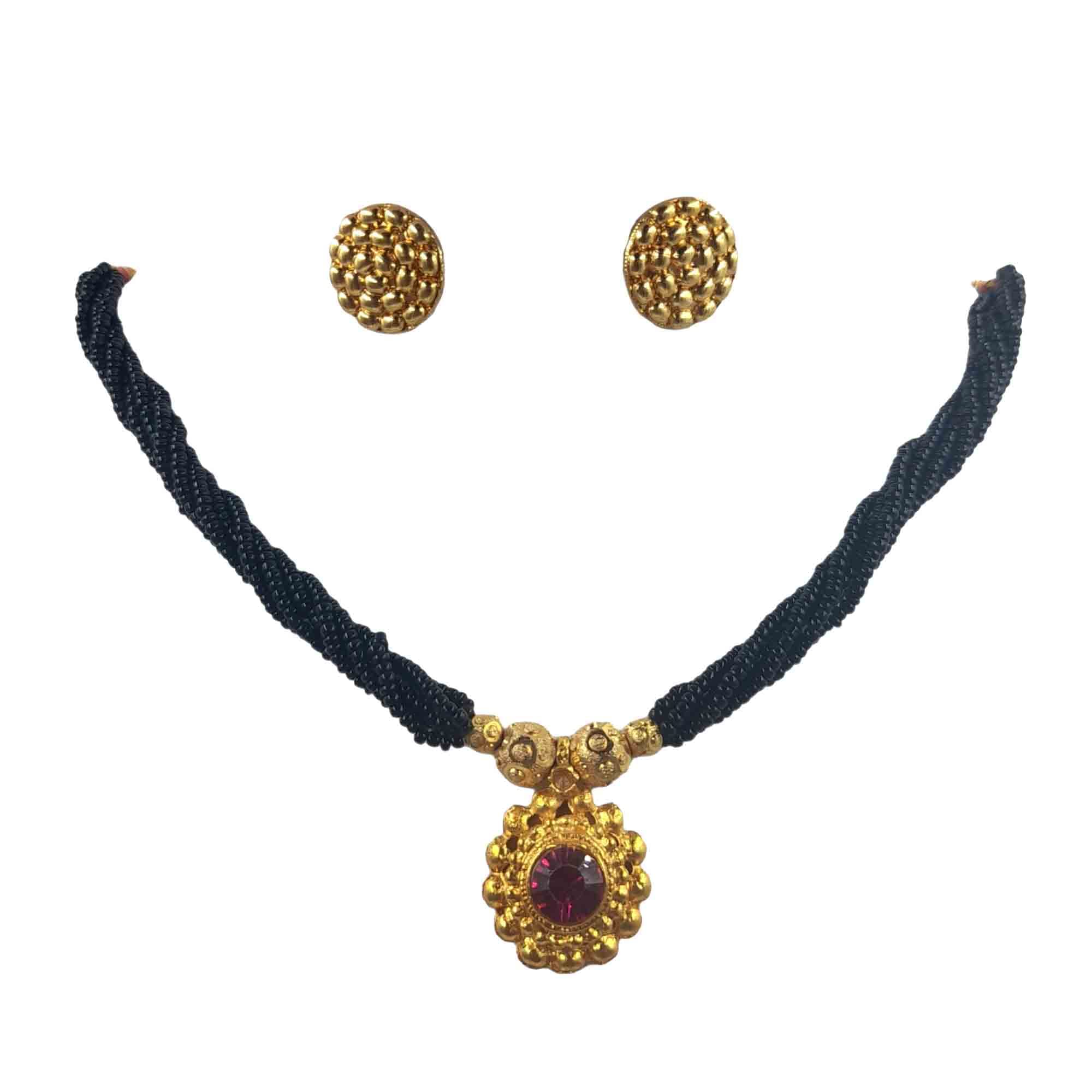 Traditional Golden Plated Kolhapuri Thushi For Women Short Choker Necklace Mangalsutra Black Beaded With Earring-image-5