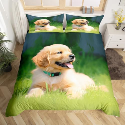 Erosebridal Golden Retriever Duvet Cover Set, Pet Puppy Dog on The Grass Pattern Print Bedding Set Dog Lover Comforter Cover, Animal Decorative 3 Piece Bedding Set with 2 Pillow Shams, Queen