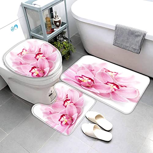 Badezimmermatte Set Orchidee Rosa 3D Drucken Blüte Teppich Badezimmer Badgarnitur 3teilig Mikrofaser Bath mat U-förmigen…