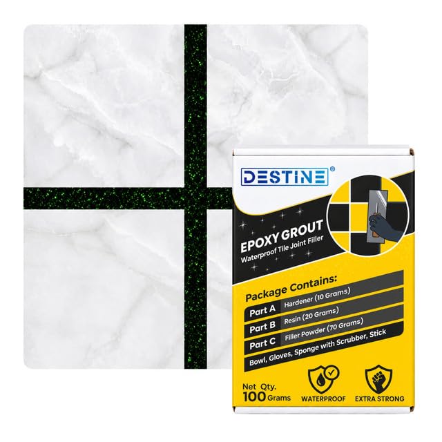 Image of DESTINE Epoxy Grout for Tiles (110 Colours)(100 g), Waterproof Joint Filler, Crack Filler, Tiles Gap Filler, Stain Free, Acid & Chemical Resistance Epoxy Grout (Black [Dark Green Glitter])