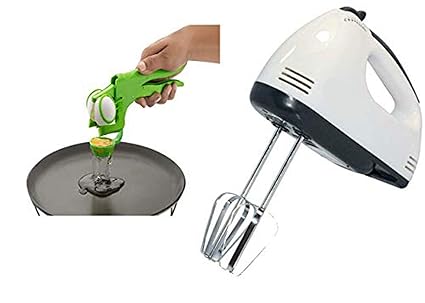 PELIXO Combo White 300-Watt Hand Mixer Beater Blender Electric Cream Maker for Cakes with Base 7 Speed Control and 2 Stainless Steel Beaters, 2 Dough Hooks and Dough Hooks (White) with Egg Cracker