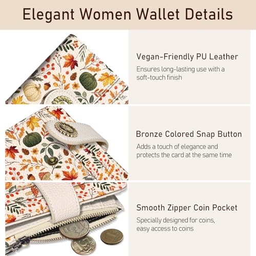 Image of Kelvoris Pumpkin Fall Leaves Mushroom Halloween Small Rfid Women Travel Wallet Bifold Zipper Coin Pocket PU Leather Compact Cash Credit Card Holder Female Ladies Teen Girls 1 ID Window 10 Card Slots