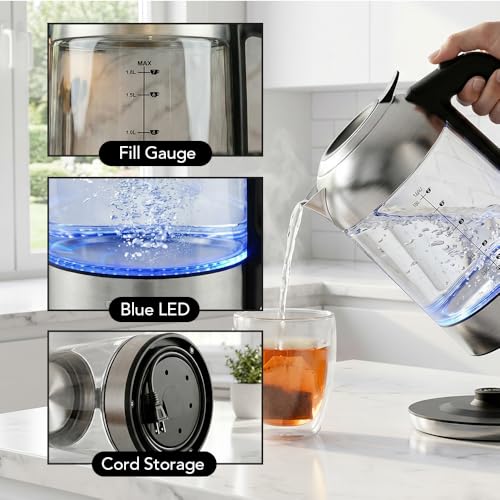Image of OVENTE 1.8L Glass Electric Kettle Water Boiler, Silver KG751S | 1500W Fast Boiling, Easy Fill Lid, Borosilicate Glass, BPA-Free, Blue LED, Auto Shut-Off, Boil-Dry Protection, Cordless