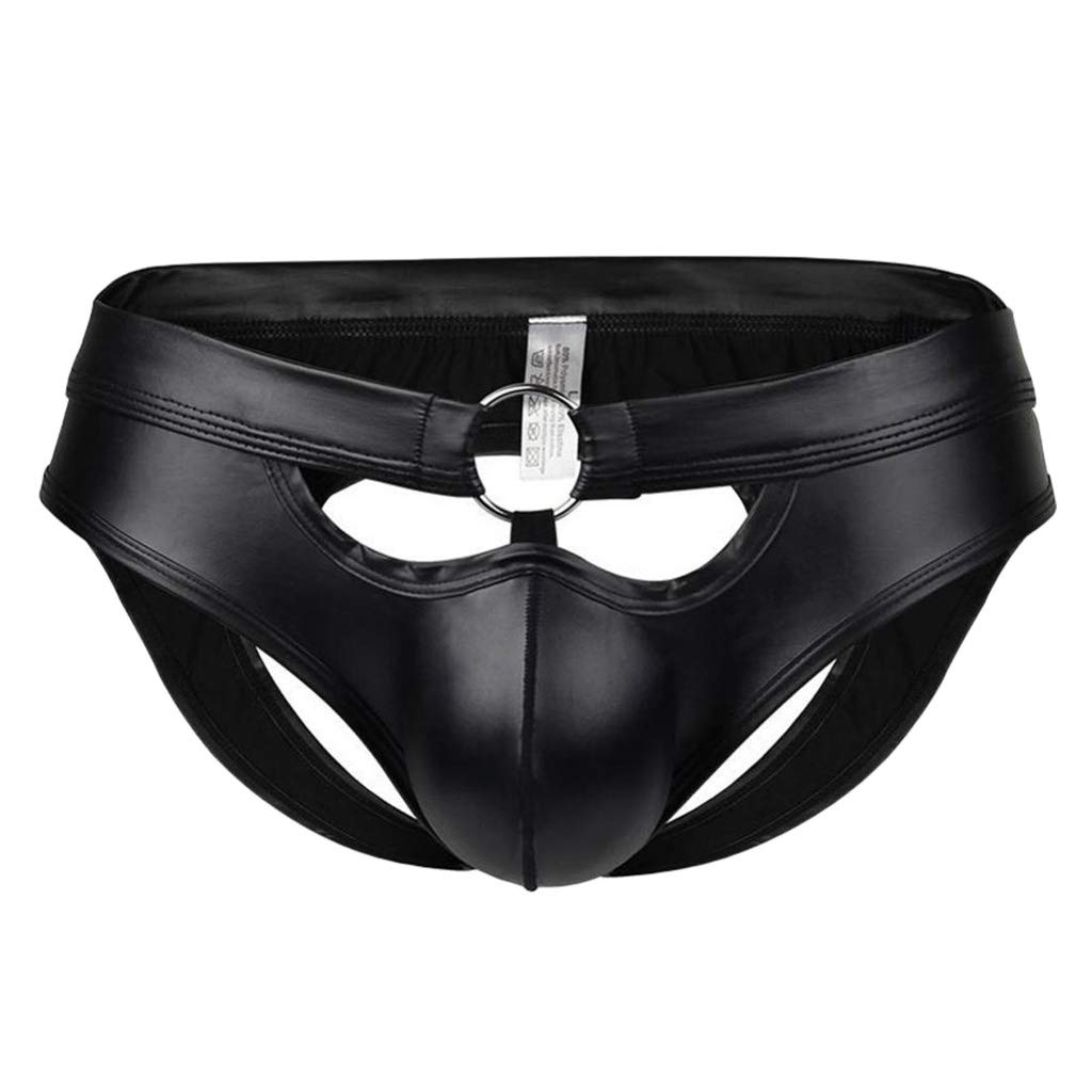 elbme Leather Briefs Low Waist O Ring Open Butt Thong Jockstrap Underpants_1-picture-31