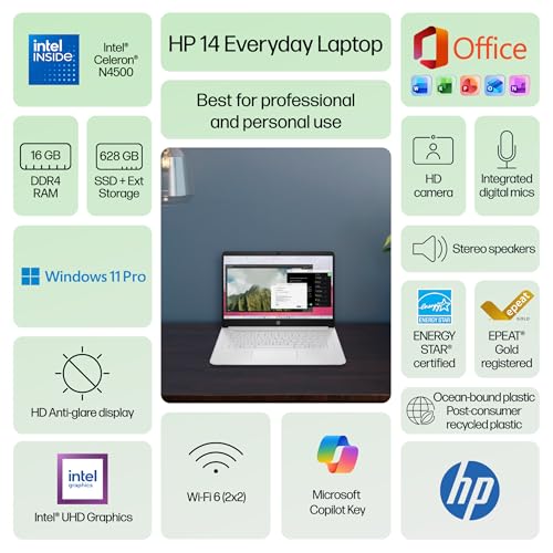 HP 14 Laptop 16GB RAM 128GB SSD + 500GB Ext Windows 11 Pro miniatura 2