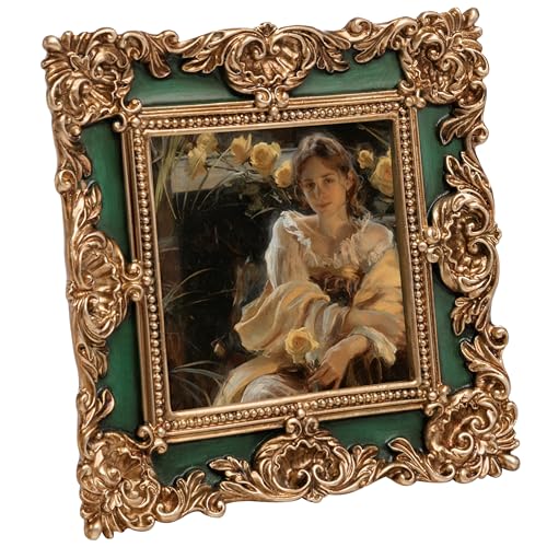 Image of eletecpro 4x4 Vintage Picture Frame with Real Glass Cover, Ornate Antique Photo Frame, Display 4x4 Picture for Tabletop or Wall, Green Home Decor for Gallery Art