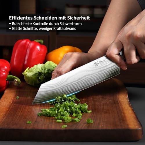 PAUDIN Santokumesser 20 cm, Japanisches Kochmesser Kiritsuke, Scharfes Küchenmesser aus Hochkohlenstoff Edelstahl, Ergonomischer Griff, Perfekt für Fleisch, Fisch & Gemüse