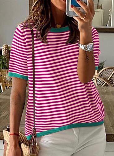 Image of Dokotoo Womens Tops 2026 Casual Summer Crewneck Short Sleeve Striped Color Block Knit High Low Trendy Pullover Sweaters
