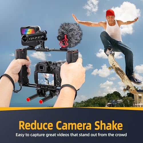 Image of Zeadio Camera Video Rig Cage, Aluminum Filmmaking Movie Making Kit with Top Handle, Arca Type Base, 15mm Rod Guide, RGB Light&Microphone, Compatible with All DSLR Camera and Camcorder