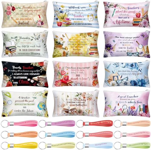 Siifert 12 Pcs Makeup Bags Bulk with 12 Quote Keychains Inspirational Canvas Cosmetic Bags Positive Affirmation Bag Makeup Pouch Christian Gifts for Women Friend Employee(Teacher)