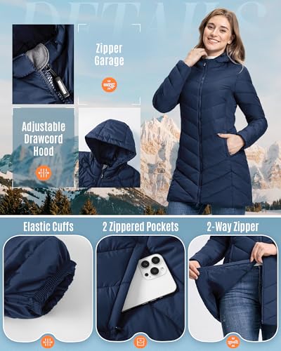 Outdoor Ventures Damen Wintermantel Langer Warmer Steppmantel Leicht Parka Wasserdicht Winterjacke mit Kapuze Funktionsjacke Übergangsjacke Schwarzblau XL