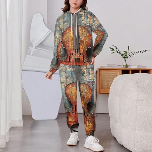 Boy's Girl's 2 Piece Outfits Graphic Sweatshirt Kid Long Sleeve Hoodie Set, Musical Violin2