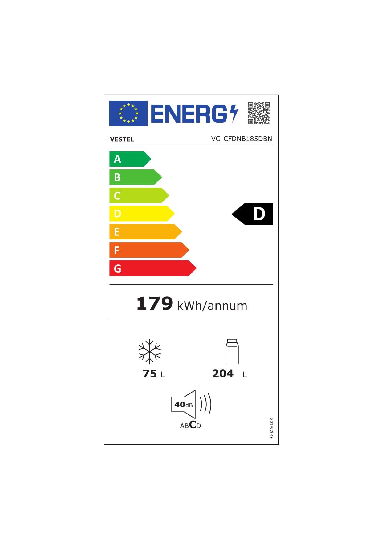 Vestel VG-CFDNB185DBN Kühl-/Gefrierkombination/Energieeffizienzklasse D/NoFrost/Nutzinhalt: 278 L/ZeroDegreeZone/Externer Wasserspender/LED-Innenbeleuchtung/Schwarz