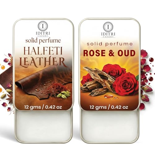 Image of IDITRI EXPORT Solid Perfume |Rose & Oud&Halfeti leather Alcohol Free Wax Perfume Balm, Long Lasting | Pocket Tin 12g, Pack Of 2| Non Greasy Smooth Glide, Travel Friendly Unisex