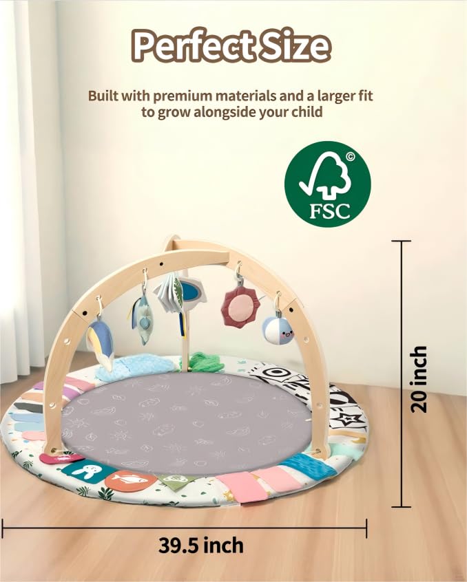 Baby Play Gym Mat with Tummy Time Activity for Newborn Girls and Boys, Non-Slip Floor Mat Includes 6 Detachable Toys for Sensory Development, Machine Washable, Essential Gift (Grey)
