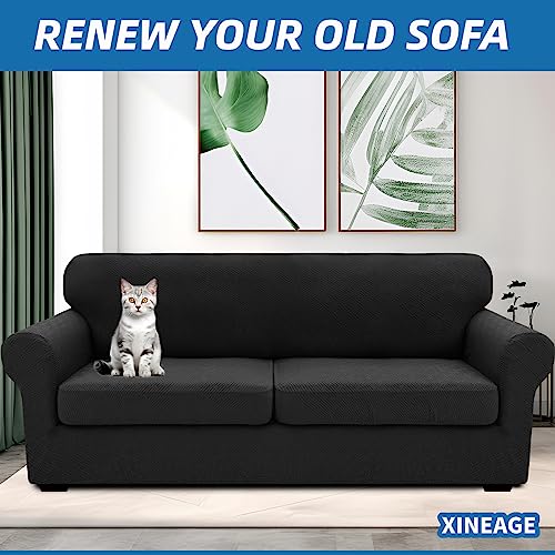XINEAGE 2025 New 3 Pieces Couch Covers for 2 Extra Large Cushion Sofa Super Stretch Sofa Cover for 2 Large Seat Cushion Universal Loveseat Slip Cover for Living Room (Black), 71"-91"(2 Cushions)