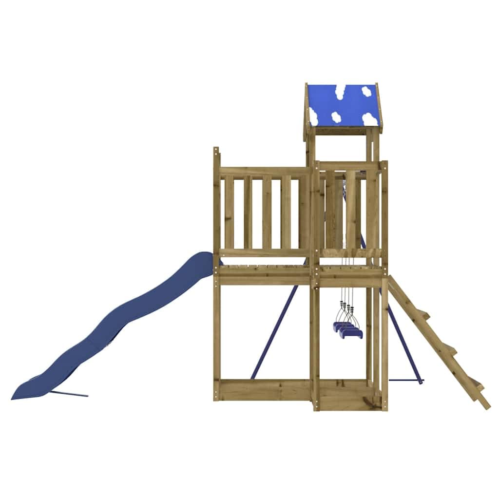 Torre da gioco in legno di pino impregnato con scivolo ondulato e doppia altalena per giardino, casetta giochi per esterni con sabbiera, struttura da arrampicata, scala, altalena