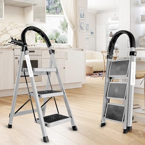 Image of White 3 Step Ladder for Home Use with Built-in Tool Tray | Heavy Duty D Shape Rods | Ultra Large Platform | Wide Rubber Feet | 150Kg Capacity Foldable Ladder - 7 Years Warranty
