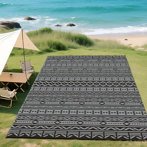 Outsunny Outdoor Rug for Patio, 9' x 18' Waterproof Large Mat, Reversible Plastic Straw Rug for Decor, Portable Outside RV Camping Area Carpet Mat for Backyard Porch Deck Picnic, Black Gray Geometric