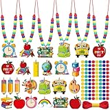 Ferreve 48 Sets Back to School Bead Necklace Crafts Kit Welcome First Day of School Craft Gifts Apple Bus Shape Beads DIY Necklace Supplies Party Favor