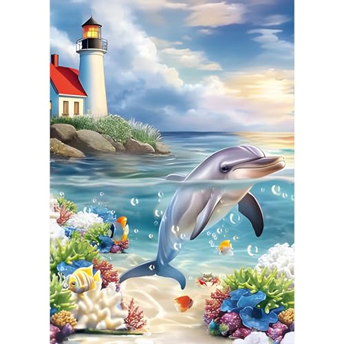 NAIMOER Dauphins Peinture Diamant Adulte, 5D Phares et la Mer Diamond Painting Complet Diamant Kit Enfants, Diamant Painting Strass Point de Croix Cristal pour...