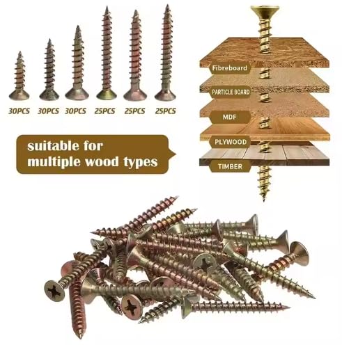 165-Piece Self Tapping Screw Assortment Set, 1.6 CM - 1 3/8 in, Countersunk Head, Wood Screws, Zinc Plate Carbon Steel, Phillips Head, DIY, Durable Organizer Box
